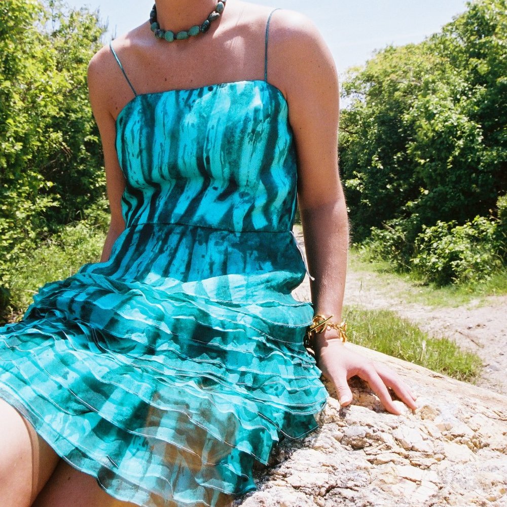 Silk Short ruffled Dress blue painted batik beach party vacation resort wedding